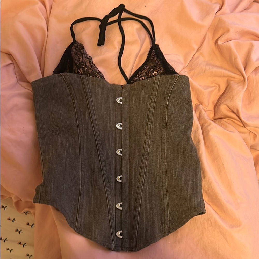 Gray Halter Corset Top with Black Lace